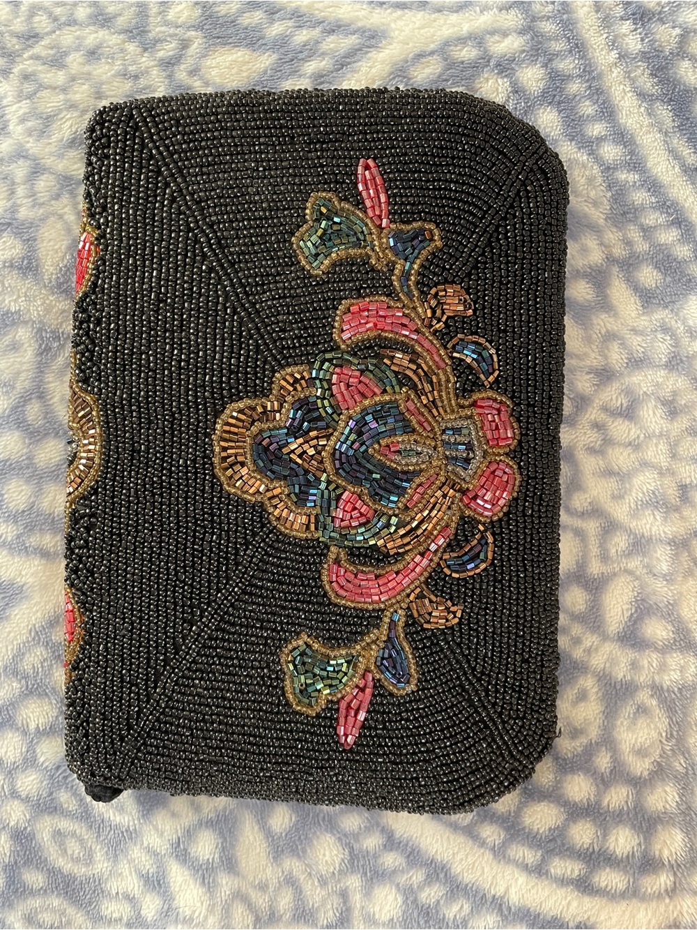 Beaded clutch/purse in Black with Pink & Multicolor Embroidery - Picture 3 of 3